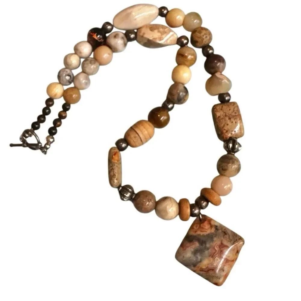 Crazy Lace Agate Pendant Necklace – Sterling Clasp, Natural Stone Beads - Picture 8 of 13